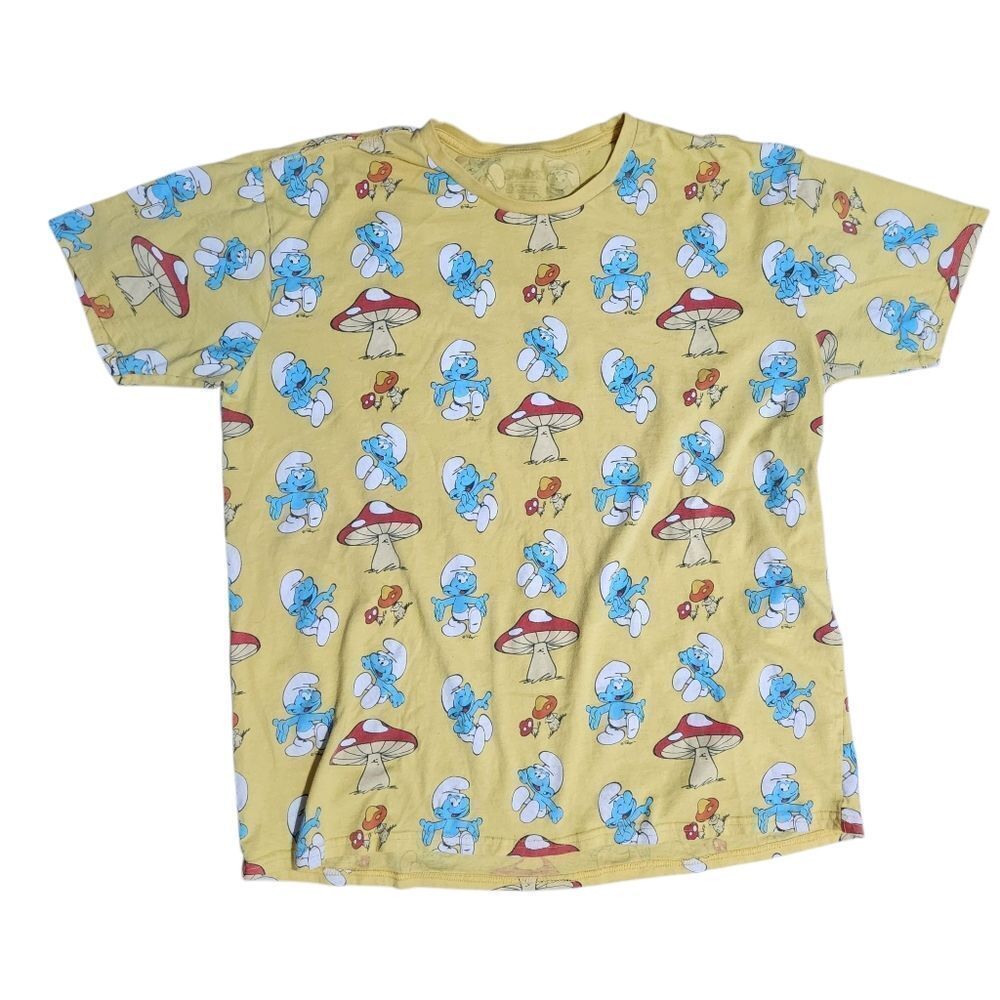 Smurf Graphic T Shirt Mens XL All Over Print Mushrooms Yellow Blue Short Sleeve